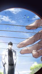  1boy 1other belt black_hair black_shirt blurry blurry_background coat collared_shirt day guitar hands_in_pockets highres instrument iwanttoeatcrabs kim_dokja multiple_scars music no_eyes omniscient_reader's_viewpoint open_clothes open_coat outdoors playing_guitar playing_instrument pov scar scar_on_hand shirt short_hair simple_bird white_coat yoo_joonghyuk 