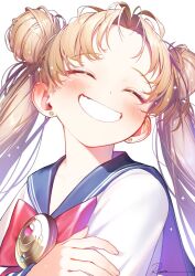  1girl ^_^ bishoujo_senshi_sailor_moon blonde_hair blue_sailor_collar blush bow bowtie closed_eyes double_bun grin hair_bun highres long_hair parted_bangs portrait red_bow red_bowtie ryota_(ry_o_ta) sailor_collar shirt signature simple_background smile solo tsukino_usagi twintails white_background white_shirt 