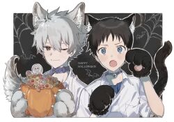  2boys animal_ear_fluff animal_ears animal_hands bell black_ears black_hair black_tail blue_eyes blue_shirt border candy cat_boy cat_ears cat_paw collared_shirt commentary_request fang food gloves grey_hair hair_between_eyes halloween_bucket happy_birthday highres ikari_shinji looking_at_viewer m3gris3 male_focus multiple_boys nagisa_kaworu neck_bell neon_genesis_evangelion one_eye_closed paw_gloves paw_pose red_eyes school_uniform shirt short_hair tail tokyo-3_middle_school_uniform upper_body very_short_hair white_border white_shirt wolf_boy wolf_ears wolf_paws wolf_tail 