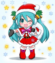  1girl absurdres aqua_eyes aqua_hair bell belt black_belt black_gloves blue_background blue_hair blush boots bow carrying carrying_over_shoulder christmas deformed dress earmuffs fur-trimmed_boots fur-trimmed_dress fur-trimmed_gloves fur-trimmed_vest fur_trim gloves green_leaf hair_bell hair_between_eyes hair_ornament hat hatsune_miku highres jingle_bell leaf leaf_hair_ornament long_hair looking_at_viewer naccha_(nawacchi) one_eye_closed open_mouth outstretched_arm pink_bow red_boots red_dress red_hat red_vest santa_costume santa_dress santa_hat sidelocks smile snowflakes solo star_(symbol) twintails very_long_hair vest vocaloid winter_gloves yellow_star 