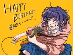  1girl blue_skirt cable collared_shirt commentary_request dress_shirt electric_guitar fujii_ayame futsuu_no_keion-bu grin guitar half-closed_eye happy_birthday highres hood hood_down hoodie instrument music papaiyaa23 pink_hoodie playing_guitar playing_instrument purple_hair school_uniform shirt skirt smile solo sweat violet_eyes white_shirt yellow_background 