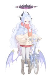  1girl absurdres alternate_costume backpack bag beanie bicycle blue_archive blush boots braided_scarf brown_boots capelet demon_girl demon_horns demon_wings earflap_beanie fluffy_hair fur_capelet halo hat highres hina_(blue_archive) horns jacket knee_boots long_hair looking_at_viewer multiple_horns pantyhose pink_bag pleated_skirt pushing_bicycle red_scarf red_skirt scarf simple_background skirt solo standing swept_bangs violet_eyes wavy_hair white_background white_hair white_pantyhose wings yellow_jacket yona_(yoroyoro) 