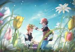  2boys baseball_cap black_hair black_shirt blue_oak blue_pants blue_sky brown_eyes brown_hair commentary_request flower hat head_wreath highres holding jacket male_focus multiple_boys outdoors pants pokemon pokemon_frlg purple_pants red_(pokemon) red_hat shirt shiruko_(s1ruko) short_hair short_sleeves sky spiky_hair wristband yellow_bag 