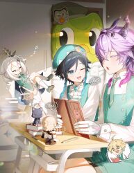  absurdres aether_(genshin_impact) albedo_(genshin_impact) aqua_eyes aqua_hair aqua_hat aqua_shorts aqua_vest beret black_hair braid closed_eyes dragon_horns dress duo_(duolingo) duolingo genshin_impact gloves gradient_hair green_necktie hair_between_eyes hair_ornament hat highres hilichurl_(genshin_impact) horns jewelry kkopoli long_sleeves mini_durin_(genshin_impact) mini_durin_(human)_(genshin_impact) multicolored_hair necktie one_eye_closed open_mouth paimon_(duolingo)_(genshin_impact) paimon_(genshin_impact) pink_hair scaramouche_(cat)_(genshin_impact) scaramouche_(genshin_impact) shirt short_hair shorts smile twin_braids venti_(genshin_impact) vest white_gloves white_hair white_shirt 