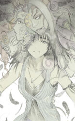  3girls 9twoeight absurdres adel_(ff8) arm_ribbon black_eyes black_feathers black_hair black_shirt black_tank_top blank_eyes edea_kramer falling_feathers feathers final_fantasy final_fantasy_viii highres jewelry long_hair multiple_girls necklace pale_color ribbon ring ring_necklace rinoa_heartilly sad_smile shirt sleeveless_duster surreal tank_top ultimecia upper_body v-neck 