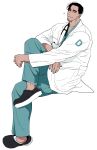  1boy balnom black_hair doctor facial_hair head_tilt highres knee_up labcoat looking_at_viewer male_focus mature_male original short_hair smile solo stethoscope stubble thick_eyebrows transparent_background 