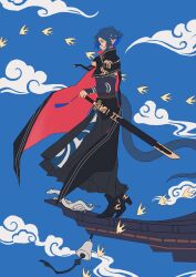  1boy arknights arm_guards bird black_cape black_pants black_shirt blue_hair blue_sky building cape chaiko1030 clouds commentary_request flat_color hand_on_hilt highres male_focus outdoors pants pointy_ears red_cape sheath sheathed shirt short_hair sky snake_boy snake_tail solo standing_on_roof sword tail two-sided_cape two-sided_fabric weapon zuo_le_(arknights) 