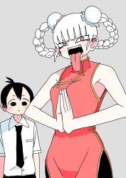  1boy 1girl abe_tomomi black_eyes black_hair blush china_dress chinese_clothes chinese_hairstyle double_bun dress grey_background hair_bun highres original pink_eyes sharp_teeth short_hair teeth tongue tongue_out white_hair 