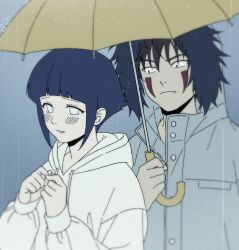  1boy 1girl black_hair blunt_bangs blush brown_hair ezt_otk facial_mark fang fang_out fur-trimmed_jacket fur_trim grey_background grey_eyes grey_jacket hair_between_eyes highres holding holding_umbrella hood hood_down hood_up hooded_jacket hoodie hyuuga_hinata inuzuka_kiba jacket looking_at_another naruto_(series) no_pupils own_hands_together parted_lips rain short_hair shy sidelocks smile umbrella upper_body white_hoodie 