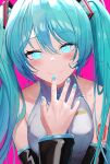  1girl bare_shoulders bib_(bibboss39) blue_eyes blue_hair breasts eyebrows_visible_through_hair grey_background hair_between_eyes hatsune_miku highres long_hair looking_at_viewer medium_breasts naughty_face open_mouth simple_background smile solo twintails upper_body vocaloid 