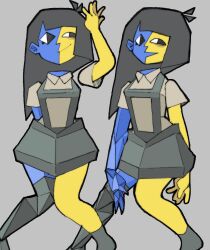  1girl asymmetrical_legwear black_eyes black_hair black_skirt black_socks blue_skin colored_skin cubism ena_(ena) ena_(series) ena_(species) ena_(web_series) floating_head highres miniskirt pantsu-ripper shirt single_thighhigh skirt socks split-color_skin thigh-highs white_shirt yellow_skin 