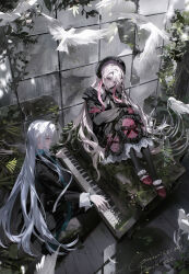  1boy 1girl absurdres aqua_scarf bird black_bonnet black_bow black_coat black_dress black_pants black_pantyhose black_ribbon bonnet bow broken_glass cael_anselm closed_mouth coat commission crossed_arms curtained_hair dove dress floral_print footwear_bow frilled_sleeves frills full_body glass gloves grand_piano hair_between_eyes highres indoors instrument knees_up long_hair long_sleeves looking_at_viewer looking_down lovebrush_chronicles mihuashi_commission moss multicolored_hair muntins music neck_ribbon oc_x_canon official_alternate_costume on_piano original overgrown pants pantyhose parted_lips piano piano_bench pink_dress pink_gloves pink_hair plant playing_instrument playing_piano profile qing_yan_xia red_shoes ribbon scarf shirt shoes sidelocks sideways_glance sitting sitting_on_piano sleeve_cuffs sunlight swept_bangs two-tone_dress two-tone_hair very_long_hair vines violet_eyes white_hair white_shirt window wooden_floor 