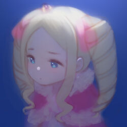  1girl beatrice_(re:zero) blonde_hair blue_background blue_eyes capelet commentary_request drill_hair fur-trimmed_capelet fur_trim lolittleboy long_hair pink_capelet re:zero_kara_hajimeru_isekai_seikatsu simple_background symbol-shaped_pupils twin_drills 