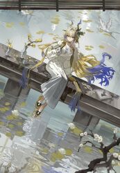  1girl absurdres ambience_synesthesia arknights bad_perspective bird blonde_hair blue_hair chinese_commentary choker colored_extremities commentary_request dragon_girl dragon_horns dutch_angle eastern_dragon_horns floating_hair flower gradient_hair hair_flowing_over hair_intakes highres horns jewelry lake long_hair looking_at_viewer multicolored_hair necklace official_alternate_costume outdoors pearl_necklace pointy_ears redrawn reflection reflective_liquid shu_(arknights) shu_(bingwenyuyou)_(arknights) sitting solo vase very_long_hair water white_bird white_flower white_hair xihucuyuyu yellow_choker yellow_hands 