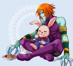  2boys armor blue_background blue_pants blush bow bowtie castlevania:_aria_of_sorrow castlevania:_dawn_of_sorrow castlevania_(series) chronomage claws closed_eyes colored_skin cup drinking food green_skin highres holding holding_cup holding_plate meatball multiple_boys orange_hair pants pasta pink_fur plate purple_armor rabbit red_bow red_bowtie single_floppy_ear spaghetti spaghetti_and_meatballs teacup tongue tongue_out user_pjdc3332 vest violet_eyes waistcoat zephyr_(castlevania) 