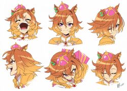  1girl animal_ears armor closed_eyes closed_mouth crown ear_ornament ear_piercing gold_armor hair_between_eyes highres horse_ears horse_girl laughing looking_at_viewer mergeritter mini_crown multiple_expressions open_mouth orange_hair piercing pink_crown portrait shirt short_hair shoulder_armor simple_background smile t.m._opera_o_(o_sole_suo!)_(umamusume) t.m._opera_o_(umamusume) teeth umamusume violet_eyes white_background white_shirt 