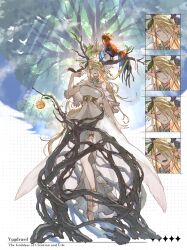  absurdres animal_on_hand apple aqua_eyes blonde_hair branch character_name character_request commentary_request commission curse_of_yggdrasil dress food fruit full_body golden_apple hair_over_one_eye highres leaf light_rays long_hair monster_girl multiple_expressions plant_girl plant_on_head pointy_ears psd_available shoes skeb_commission squirrel tree ve_0ekaki very_long_hair white_dress white_shoes 