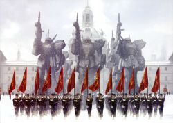  6+boys army beam_rifle boots building cosmo_babylonia crossbone_vanguard energy_gun flag gun gundam gundam_f91 gundam_perfect_file hat highres holding holding_flag landscape machinery magazine_scan mecha military_hat military_uniform mobile_suit multiple_boys painting_(medium) palace parade promotional_art realistic robot roundel scan scene_reference science_fiction snow snowing soldier traditional_media victory weapon 