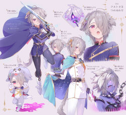  11-chan 1girl ahoge androgynous animal_ears black_leggings blue_cape cape cape_grab chain chibi clothes_grab colored_skin commentary crossdressing crossdressing_(ftm) dark_persona dated dog_ears dog_girl fingerless_gloves fire_emblem fire_emblem_shadows gloves glowing glowing_eye grey_hair holding holding_chain holding_sword holding_weapon kurt_(fire_emblem) leggings looking_at_viewer multiple_views official_alternate_color official_alternate_costume onesie purple_skin red_eyes short_hair sweatdrop sword tail translation_request weapon white_gloves white_leggings 