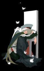  1girl aesc_(fate) bug butterfly chair closed_eyes denoia fate/grand_order fate_(series) hair_between_eyes hat highres long_hair long_sleeves morgan_le_fay_(fate) ponytail simple_background sleeping solo very_long_hair white_hair 