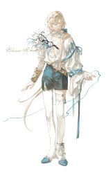  1boy absurdres analog_clock ankle_boots aqua_shorts arms_at_sides asymmetrical_footwear asymmetrical_sleeves belt blonde_hair blue_boots blue_eyes blue_flower blue_gemstone blue_ribbon boots borrowed_character branch clock collar commission crossed_bangs earrings english_text flower flower_ornament fold-over_boots frilled_collar frilled_sleeves frills full_body gem gold_belt hair_between_eyes hair_ornament hair_over_shoulder hair_ribbon highres holding holding_ribbon jewelry juliet_sleeves leaf_hair_ornament long_hair long_sleeves looking_at_viewer low_ponytail male_focus mihuashi_commission multicolored_boots original pendant_watch plunging_neckline ponytail puffy_sleeves ribbon shirt_tucked_in shorts simple_background single_earring single_thighhigh sleeve_cuffs sleeve_ribbon solo standing straight-on tachi-e tassel thigh-highs thigh_boots thigh_strap two-tone_boots uneven_footwear very_long_hair white_background white_boots white_collar white_thighhighs wide_sleeves yin_(ying_qian) zhenjiuzi 