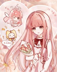  ! 2girls ^_^ angel_wings animal bib_collar bloom_poetry_(shining_nikki) blunt_bangs bouquet bow bowtie brown_eyes cat character_name chibi chinese_text clenched_hand cloak closed_eyes closed_mouth clothed_animal clothes_writing collared_shirt commentary_request cross-laced_clothes cross-laced_dress daisy_(flower) dated detached_wings dress dress_ribbon dual_persona ear_covers floral_background flower frilled_dress frilled_shirt_collar frilled_sleeves frills hair_intakes hair_ribbon happy happy_birthday heart heart_background highres holding holding_bouquet holding_flower holding_paintbrush hood hood_up hooded_cloak juliet_sleeves long_hair long_sidelocks long_sleeves medium_dress momo_(nikki) multiple_girls nikki_(nikki) nikki_(series) one_eye_closed open_mouth paintbrush pinafore_dress pink_dress pink_flower pink_hair pink_rose plaid_clothes plaid_dress pleated_dress puffy_sleeves red_bow red_bowtie red_flower red_ribbon ribbon rose shining_nikki shirt shoes sidelocks single_wing sleeveless sleeveless_dress sleeves_past_wrists smile snowflake_necklace speech_bubble traditional_bowtie tulip very_long_hair wavy_hair white_cat white_dress white_ribbon white_shirt white_shoes white_wings wings woyinchaxianla yellow_cloak 