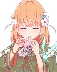  1girl closed_mouth commentary_request facing_viewer fairy flower flower_knot green_robe hair_flower hair_ornament hasunosora_fantasy highres hinoshita_kaho instrument kannogi link!_like!_love_live! long_sleeves love_live! medium_hair music neck_tassel ocarina official_alternate_costume orange_hair playing_instrument robe shirt simple_background smile solo tassel two_side_up upper_body white_background white_flower white_shirt 