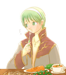  1boy carrot closed_mouth coat commentary_request cross cross_necklace cup dated_commentary food fork gold_trim green_eyes green_hair grey_coat hairband holding holding_fork jewelry looking_at_another lowres male_focus multicolored_coat necklace oomojiya plate priest_(ragnarok_online) ragnarok_online red_coat short_hair simple_background solo table teacup two-tone_coat upper_body white_background white_hairband 