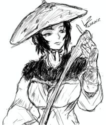  absurdres atsu_(ghost_of_yotei) black_hair breasts cape commentary dirty english_commentary exhausted fur-trimmed_cape fur_trim ghost_of_yotei greyscale highres instrument japanese_clothes large_breasts luzennon monochrome music playing_instrument shamisen sketch 