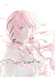  1girl absurdres arm_cutout baiyao888 bare_shoulders black_bow black_ribbon bow bow_choker bowtie bra_strap brown_eyes chinese_commentary choker closed_mouth clothing_cutout commentary eyelashes floating_hair frilled_shirt frills hair_bow hair_ribbon happy highres infinity_nikki light_particles lips long_hair long_sidelocks nikki_(nikki) nikki_(series) off-shoulder_shirt off_shoulder perfect_start_(infinity_nikki) petals pink_bow pink_bowtie pink_choker pink_hair pink_lips ribbon see-through_clothes see-through_sleeves shirt sidelocks simple_background single_stripe smile solo striped_bow striped_bowtie striped_choker striped_clothes tress_ribbon upper_body very_long_hair wavy_hair white_background white_shirt wind 