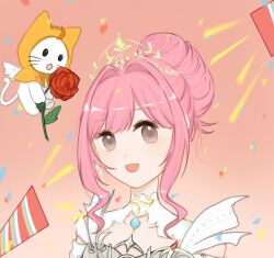  1girl angel_wings animal armor birthday black_eyes blunt_bangs breastplate brown_eyes cat chinese_commentary cloak clothed_animal clothing_cutout collar collarbone commentary_request confetti detached_collar dot_nose dress ear_covers feathered_wings flower gold_tiara hair_bun hair_intakes happy holding holding_flower hood hood_up hooded_cloak infinity_nikki light_blush looking_at_another melody_bloom_(infinity_nikki) momo_(nikki) nikki_(nikki) nikki_(series) open_mouth orange_background party_popper pink_hair red_flower red_rose rose short_hair_with_long_locks short_sleeves shoulder_cutout sidelocks simple_background single_hair_bun smile solid_oval_eyes updo upper_body wavy_hair whiskers white_cat white_collar white_dress white_wings winged_animal wings yellow_cloak yuanzhangliu 