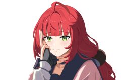  2girls ahoge alice_thymefield black_gloves black_sailor_collar braid braided_twintails cardigan closed_mouth collarbone es030103010301 fingerless_gloves gloves green_eyes hair_ornament hand_on_another's_face hand_on_another's_hand highres long_hair looking_at_viewer multiple_girls pink_cardigan pov pov_hands red_hair sailor_collar smile sphere_hair_ornament ukinami_yuzuha yuri zenless_zone_zero 