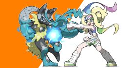  aqua_eyes bike_shorts bike_shorts_under_shorts blacknirrow blonde_hair boots bright_pupils clenched_hands commentary crop_top elbow_gloves energy_ball eyelashes full_body gloves green_headband green_shorts grey_eyes hair_between_eyes headband highres korrina_(pokemon) legs_apart long_hair lucario mega_lucario_z mega_pokemon mega_stone midriff open_mouth outline outstretched_arm pokemon pokemon_(creature) pokemon_legends:_z-a ponytail purple_headband purple_shirt shirt short_shorts shorts simple_background sleeveless sleeveless_shirt smile standing standing_on_one_leg two-tone_background v-shaped_eyebrows white_boots white_gloves white_outline white_pupils white_shorts 