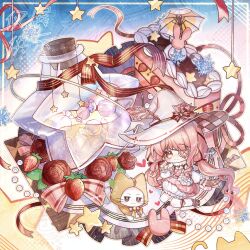  1girl absurdres ahoge ankle_ribbon argyle_clothes argyle_hat beads black_bow black_hat black_ribbon bottle bow bowtie brooch brown_eyes bubble_skirt buttons candy chibi cloak colorful_background commentary_request commission cork dress ear_covers eyelashes eyepatch flower food frilled_skirt frilled_sleeves frills fruit fur_scarf hair_bow hair_ribbon halftone halftone_background hand_on_own_cheek hand_on_own_face hat hat_feather highres hood hood_up hooded_cloak infinity_nikki jewelry kneehighs leg_ribbon long_hair long_sidelocks long_sleeves low_twintails lying miniskirt momo_(nikki) nikki_(nikki) nikki_(series) on_stomach orange_bow orange_bowtie outline oversized_food oversized_object pink_dress pink_hair pink_hat pink_ribbon pink_shoes puffy_long_sleeves puffy_sleeves qianjun red_flower red_rose ribbon ribbon_legwear rose sample_watermark scarf shoes sidelocks signature sitting skirt skirt_under_dress snowflakes socks star_brooch strawberry strawberry_slice striped_bow tiramisu tress_ribbon twintails two-sided_fabric two-sided_headwear two-tone_headwear very_long_hair wariza watermark wavy_hair whiskers white_scarf white_skirt white_sleeves white_socks witch witch_hat yellow_cloak yellow_outline 