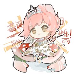  1girl armor barefoot breastplate brown_eyes character_name chibi chinese_commentary chinese_text choker closed_mouth coattails commentary_request dated dress earrings feather_earrings feathers floating frilled_choker frills hair_bun happy happy_birthday holding holding_sword holding_weapon infinity_nikki jewelry medium_dress melody_bloom_(infinity_nikki) mushroom nikki_(nikki) nikki_(series) pink_hair pleated_dress rapier rayman_limbs shadow short_hair_with_long_locks shroomling_(infinity_nikki) sidelocks single_hair_bun sleeveless sleeveless_dress smile sword tareme tiara updo weapon white_background white_choker white_dress yuanxiaoelavil 