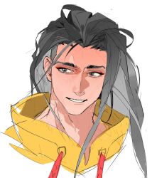  1boy black_hair cropped_shoulders drawstring earrings eyeliner grey_eyes hair_down highres hwgpde0ixptzxt3 jacket jamie_siu jewelry long_hair looking_to_the_side makeup male_focus piercing portrait red_eyeliner sideways_glance simple_background sketch smile solo street_fighter street_fighter_6 stud_earrings white_background yellow_jacket 