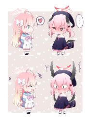  <|>_<|> ... 1boy :d ^_^ absurdres ahoge black_hat black_shoes black_wings blonde_hair blue_archive blue_sailor_collar blush border braid brown_background chibi chibi_only closed_eyes closed_mouth commentary full_body gradient_hair halo hanako_(blue_archive) hand_up hat head_wings heart highres koharu_(blue_archive) long_hair multicolored_hair multiple_views nose_blush open_mouth outside_border pink_hair pink_halo pleated_skirt polka_dot polka_dot_background red_halo red_skirt sailor_collar school_uniform serafuku shirt shoes short_sleeves skirt smile socks spoken_ellipsis spoken_heart standing twintails white_border white_shirt white_skirt white_socks wings you_(noanoamoemoe) 