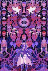  1girl absurdres bare_legs bird blue_boots boku_(isizakitakasi) boots bright_pupils dress egasumi fire flower flower_on_head food food_print fruit fruit_print grape_print grapes highres leaf lobelia_(flower) long_hair looking_at_viewer lotus one_eye_covered parted_lips praying purple_dress purple_fire purple_flower purple_theme ribs side_slit skeleton skull smile solo spine thigh_strap touhou very_long_hair vine_print violet_eyes white_pupils yomotsu_hisami 