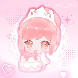  1girl bare_arms barefoot birthday birthday_cake border bow cake cat chibi chinese_commentary closed_mouth commentary_request dot_nose dress eyelashes food gaoleng_xiaoqui hair_bun halftone happy heart highres holding holding_food infinity_nikki lace_background light_blush lipstick looking_at_viewer makeup melody_bloom_(infinity_nikki) nikki_(nikki) nikki_(series) oversized_food oversized_object pink_background pink_border pink_bow pink_eyes pink_hair pink_lips pleated_skirt short_hair short_sleeves sidelocks single_hair_bun skirt smile solo sparkle star_(symbol) star_in_eye symbol_in_eye tiara updo white_dress white_tiara 