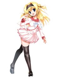  1girl :d absurdres black_hairband black_shoes black_thighhighs blonde_hair blue_eyes blush bow bowtie chitose_sana collarbone commentary double_bun eyes_visible_through_hair floating_hair full_body hair_between_eyes hair_bun hair_intakes hairband hand_up happy head_tilt high-waist_skirt highres long_hair long_sleeves looking_at_viewer mary_janes miniskirt open_mouth pink_serafuku pink_shirt pink_skirt pleated_skirt red_sailor_collar sailor_collar school_uniform serafuku shirt shoes simple_background skirt smile solo standing sukonbu385 tenshinranman thigh-highs two_side_up watermark white_bow white_bowtie zettai_ryouiki 