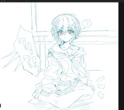  !? 1girl ? age_regression aged_down art_program_in_frame blue_theme child closed_mouth collarbone commentary dress expressionless hasu_no_sora_school_uniform highres indoors katsuragi_izumi link!_like!_love_live! long_sleeves love_live! monochrome neckerchief notice_lines orange_eyes oversized_clothes oversized_dress sailor_collar sailor_dress school_uniform single_bare_shoulder single_off_shoulder solo spoken_interrobang spoken_question_mark spot_color symbol-only_commentary virtual_youtuber winter_uniform yrxy_settingsun 