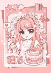  1girl artist_name bib_collar birthday brown_eyes buttons character-themed_food chinese_commentary collared_dress commentary_request dot_nose dress eyes_visible_through_hair flower frilled_dress frills gradient_background hair_intakes hair_ribbon happy happy_birthday heart highres holding_pasteur_pipette large_ribbon long_hair long_sidelocks looking_at_viewer momo_(nikki) nikki_(nikki) nikki_(series) open_mouth outline pink_background pink_flower pink_hair pink_rose puffy_short_sleeves puffy_sleeves ribbon rose shadow short_sleeves sidelocks smile snowflakes solo sparkle speech_bubble spoken_heart table upper_body very_long_hair white_dress white_outline white_ribbon yoolaluxiaoyou 