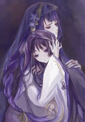  1boy 1girl alternate_hair_length alternate_hairstyle black_hair blunt_bangs braid bright_pupils closed_mouth eyelashes eyeliner eyeshadow flower genshin_impact gold_trim hair_flower hair_intakes hair_ornament hair_tie hand_on_another's_back hand_on_another's_head head_on_another's_shoulder highres hug layered_sleeves long_hair long_sleeves looking_at_another looking_down low-braided_long_hair low-tied_long_hair makeup mitsudomoe_(shape) mother_and_son open_hands parted_lips purple_flower purple_hair purple_sleeves purple_veil raiden_shogun red_eyeliner red_eyeshadow renyupa scaramouche_(genshin_impact) scaramouche_(kabukimono)_(genshin_impact) see-through_clothes see-through_veil tassel tassel_hair_ornament tomoe_(symbol) twitter_username veil violet_eyes white_mouth white_pupils white_sleeves wide_sleeves wispy_bangs 
