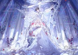  1boy angel_wings ascot ayn_alwyn bare_shoulders black_gloves black_hair blunt_bangs breasts brooch cape closed_mouth commission commissioner_insert crossed_legs dress elbow_gloves falling_petals feathered_wings flower front-to-back full_body gem gloves gown hair_between_eyes halo halo_behind_head hand_up harp indoors instrument jewelry light_particles long_dress long_hair long_sleeves looking_at_viewer lovebrush_chronicles medium_breasts mihuashi_commission mihuashi_username multicolored_hair necklace oc_x_canon off-shoulder_dress off_shoulder original outstretched_arms pearl_necklace petals pile_of_skulls pillar pink_eyes pink_lips plant pointed_crown puffy_long_sleeves puffy_sleeves red_eyes red_flower red_gemstone red_hair red_petals red_rose rose rose_petals see-through_cape see-through_clothes see-through_veil shirt shizhong916 short_hair sitting_on_throne smile spiked_halo spread_arms stained_glass stairs standing straight-on streaked_hair veil vines watermark white_ascot white_cape white_dress white_gloves white_hair white_halo white_shirt white_veil white_wings wide_sleeves wings 