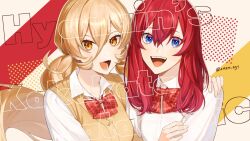  2girls :d ange_katrina blonde_hair blue_eyes bow bowtie breasts collared_shirt commentary_request double-parted_bangs eyelashes fang gradient_eyes hair_between_eyes hand_on_another's_arm hand_on_another's_shoulder hands_up highres hyadain_no_kakakata_kataomoi_-_c large_breasts light_blush lips long_bangs long_hair looking_at_viewer lower_teeth_only multicolored_eyes multiple_girls nijisanji nui_sociere official_alternate_costume official_art open_mouth orange_eyes plaid_bow plaid_bowtie plaid_clothes red_background red_bow red_bowtie red_hair romaji_text school_uniform shirt skin_fang small_breasts smile song_name sweater_vest teeth twitter_username upper_teeth_only very_long_hair violet_eyes virtual_youtuber white_shirt yellow_background yellow_sweater_vest zmzm_hiji 