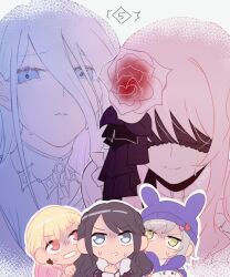  1other 4girls ^^^ akiyama_mizuki animal_hat black_coat blindfold blonde_hair bloom_festival_(project_sekai) blue_hat coat colorful_festival_(project_sekai) commentary_request covered_eyes dress flower fur-trimmed_coat fur_trim gameplay_mechanics gradient_hair green_eyes grey_eyes grey_hair hair_flower hair_ornament hat hinomori_shiho hoshino_ichika_(project_sekai) keikyoku_no_machi_wa_doko_e_(project_sekai) kroan2539 long_hair majiwaru_senritsu_tomoru_nukumori_(project_sekai) multicolored_hair multiple_girls nervous_sweating official_alternate_costume official_alternate_hair_length official_alternate_hairstyle pink_hair project_sekai rabbit_hat short_hair sweat tears tenma_saki turn_pale v-shaped_eyebrows white_dress white_hair yoisaki_kanade 