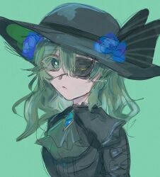  1girl artist_name black_dress black_hat blue_flower blue_gemstone dress expressionless eyepatch flower gem green_background green_hair hat hat_flower highres komeiji_koishi komeiji_koishi_(heartless_swamp_lady) looking_at_viewer medium_hair sakuramochi_55 sketch solo touhou touhou_lostword upper_body 