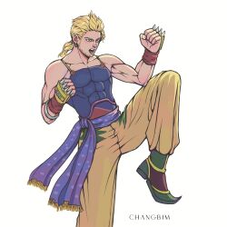  1boy artist_name baggy_pants bare_shoulders beard blonde_hair blue_eyes blue_shirt changbim13 chinstrap_beard claw_(weapon) clenched_hands earrings facial_hair fighting_stance final_fantasy final_fantasy_vi highres jewelry low_ponytail male_focus medium_hair muscular muscular_male open_mouth pants pointy_shoes ponytail sabin_rene_figaro sash shirt solo standing standing_on_one_leg waist_sash weapon white_background yellow_pants 
