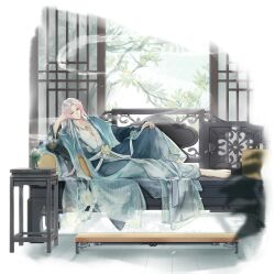  1boy :| alternate_costume aqua_coat architecture barefoot blue_robe chinese_clothes closed_mouth coat couch daxiushan day east_asian_architecture floral_print flower flower_necklace flower_ornament footstool full_body gradient_hair green_eyes hanfu head_rest highres incense_burner indoors long_hair long_sleeves longjing_shrimp_(the_tale_of_food) looking_at_viewer lying male_focus multicolored_hair official_art on_couch on_side open_clothes open_coat pants parted_bangs pink_hair plunging_neckline reclining robe sash see-through_clothes shirt simple_background smoke table tassel tassel_necklace the_tale_of_food tree v-shaped_eyebrows wei_qing_jun white_background white_flower white_hair white_sash white_shirt wide_sleeves window 