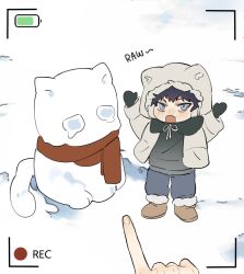  1boy alternate_universe animal_ear_hood arms_up battery_indicator black_mittens boots brown_boots child drawstring fingernails fur-trimmed_hood fur-trimmed_pants fur_trim genshin_impact grey_pants grey_shirt highres hood hood_up hooded_jacket if_they_mated index_finger_raised jacket long_sleeves looking_at_viewer male_focus mittens mona_(genshin_impact) open_clothes open_jacket outdoors pants pointing pointing_at_object recording red_scarf scaramouche_(cat)_(genshin_impact) scaramouche_(genshin_impact) scarf shirt snow snow_cat solo standing undershirt viewfinder white_hood white_jacket white_sleeves winter_clothes ysnden 